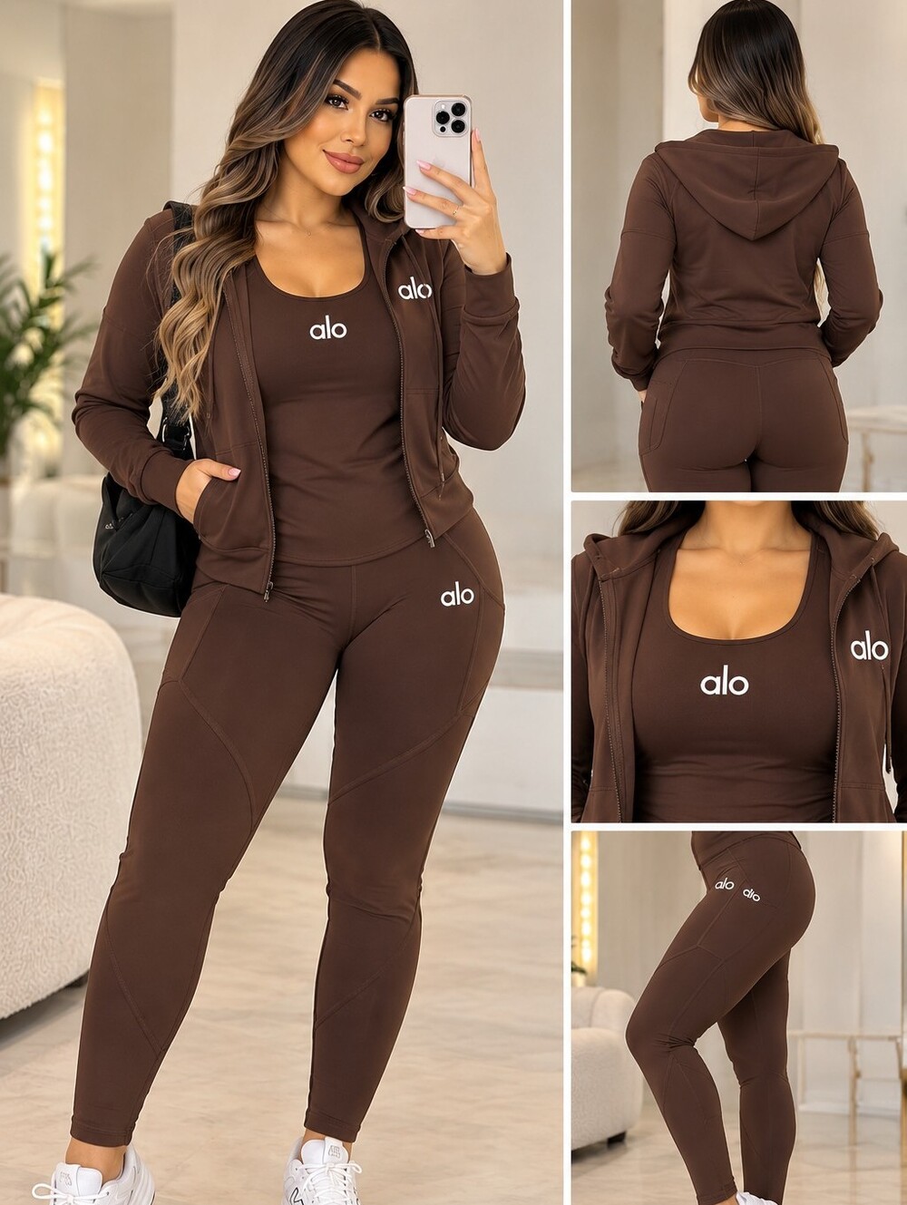 ALO Yoga Women's Brown Active Jacket, Tank & Leggings Set